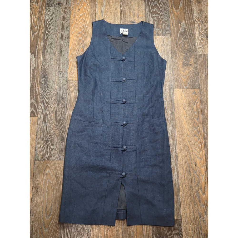 Sake Womens Blue 100% Linen Sleeveless V-Neck Button Front Shift Dress Size 6